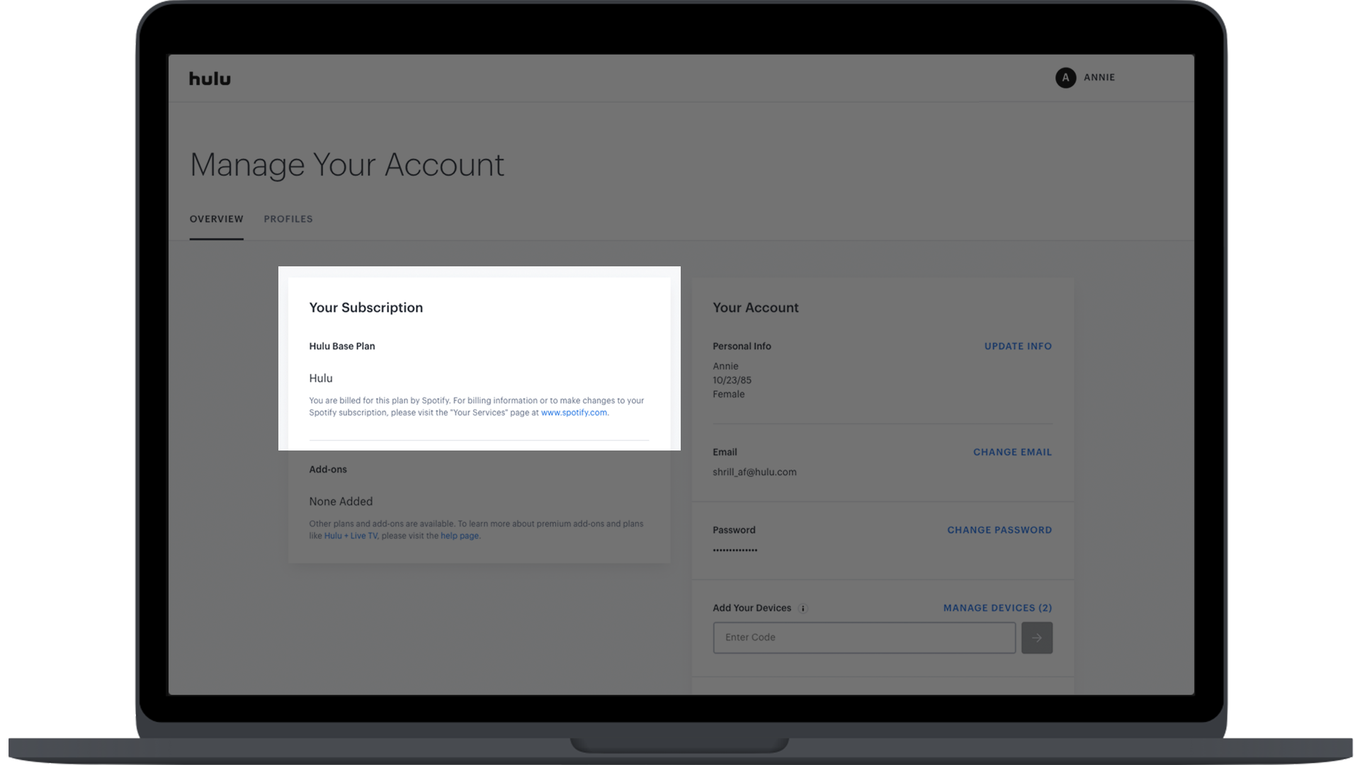 Managing a Spotify-billed Hulu account