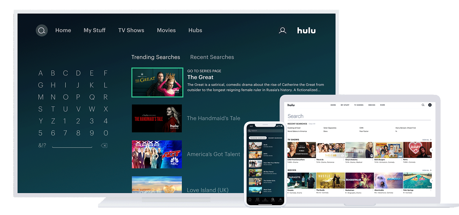 Search menu on Hulu